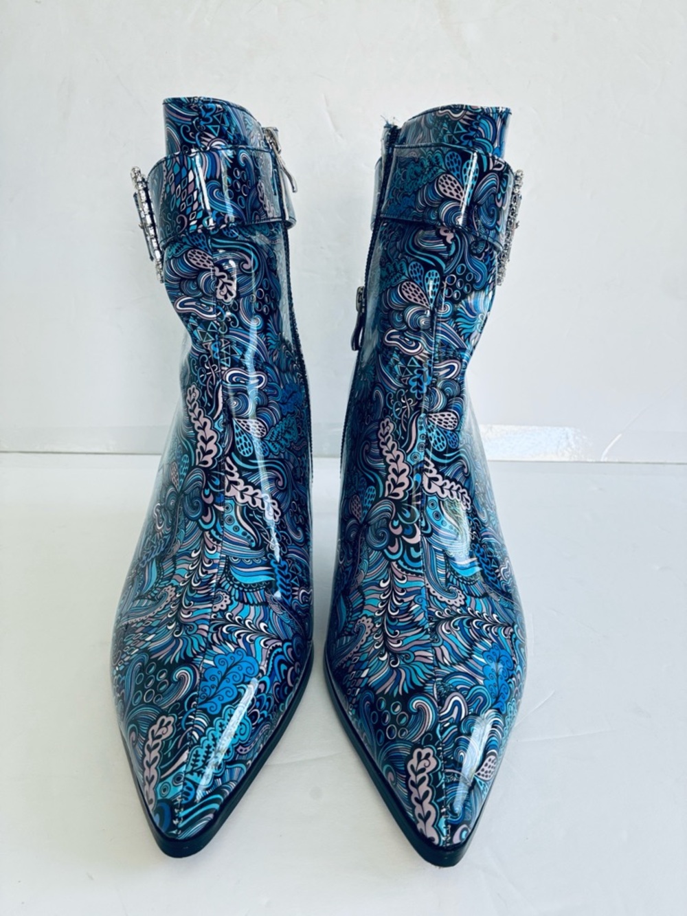 Women’s Blue Paisley Pointed-Toe Ankle Boot with Bling Style Buckle Size 9 NEW - Picture 7 of 10